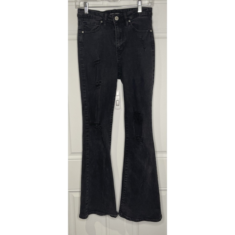Almost Famous Black Distressed Flare Jeans Junior's Size 5 High Rise Boho 70s